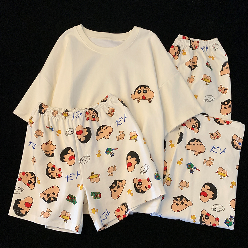Couple Pajamas, Three-Piece Suit for Boys and Girls, Summer Pure Cotton Short-Sleeved Shorts and Long Pants, Cute Korean Style Cartoon Home Clothes