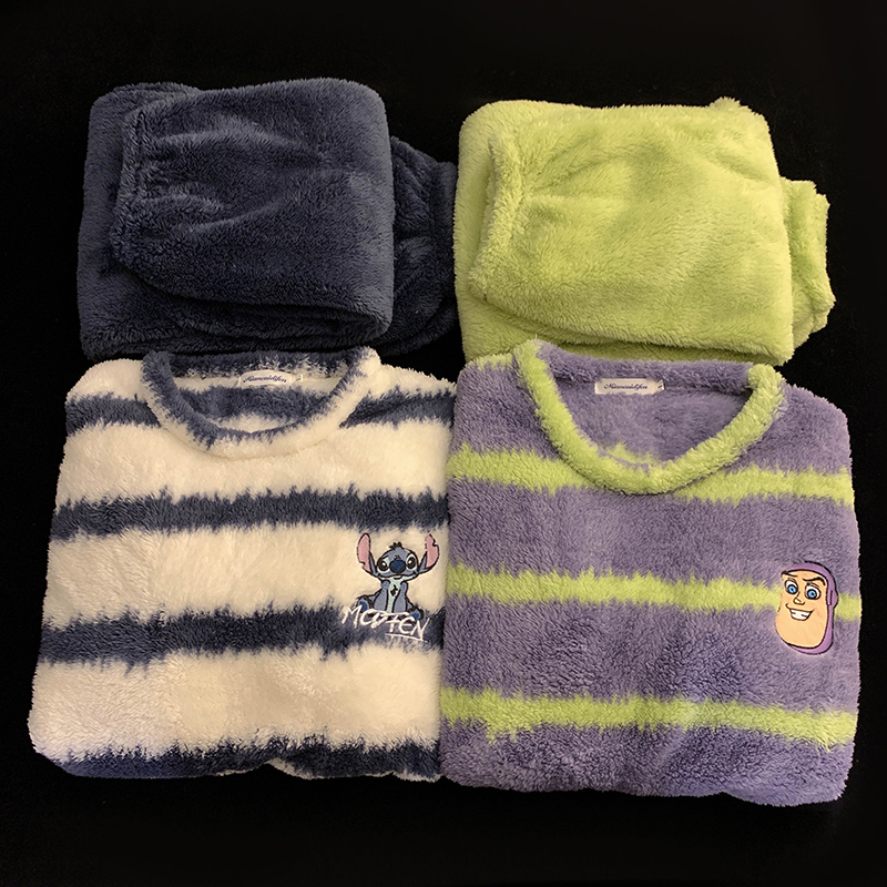 New Trendy Cartoon-Style Autumn and Winter Couple's Coral Fleece Pajamas, Men's and Women's Thickened and Fleece-Lined Flannel Loungewear