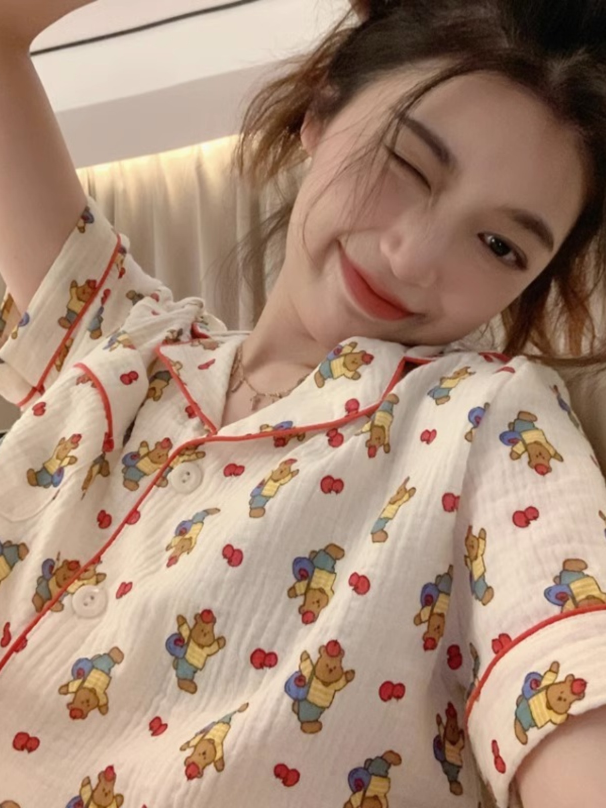 <!--棉纱睡衣奶呼呼三件套女夏季短袖长裤短裤纯棉纱布春秋家居服套装-->