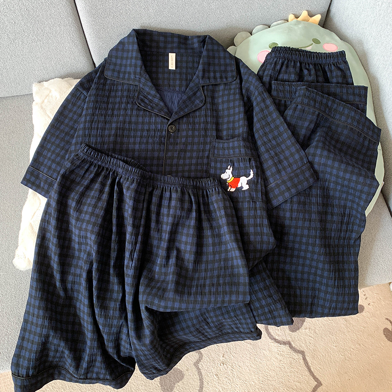 Summer Thin Pajamas Men's Short-Sleeved Large Size Three-Piece Set Pure Cotton Cool Plaid Puppy Youth Home Wear Summer Thin Pajamas Men's Short-Sleeved Large Size Three-Piece Set Pure Cotton Cool Plaid Puppy Youth Home Wear