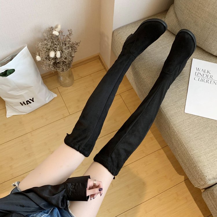 2023 Autumn and Winter Over-The-Knee Boots, Flat-Soled, Elastic, Slimming, Black Over-The-Knee Boots, Suede, Fashionable, Low-Heeled, Large Size