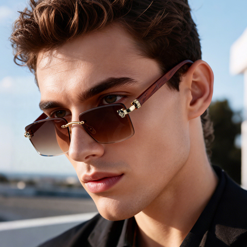 Retro Simple Frameless Elegant Men's Glasses with Faux Wood Grain Temples, Sunglasses for Male Drivers