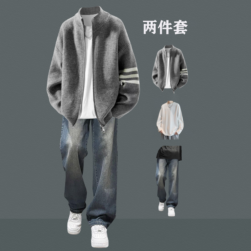 Sweater Set for Men, Autumn and Winter Style, Trendy Brand Three-Rod Knitwear Paired with Jeans, Cool and Stylish for Teenagers, Complete Set Sweater Set for Men, Autumn and Winter Style, Trendy Brand Three-Rod Knitwear Paired with Jeans, Cool and Stylish for Teenagers, Complete Set