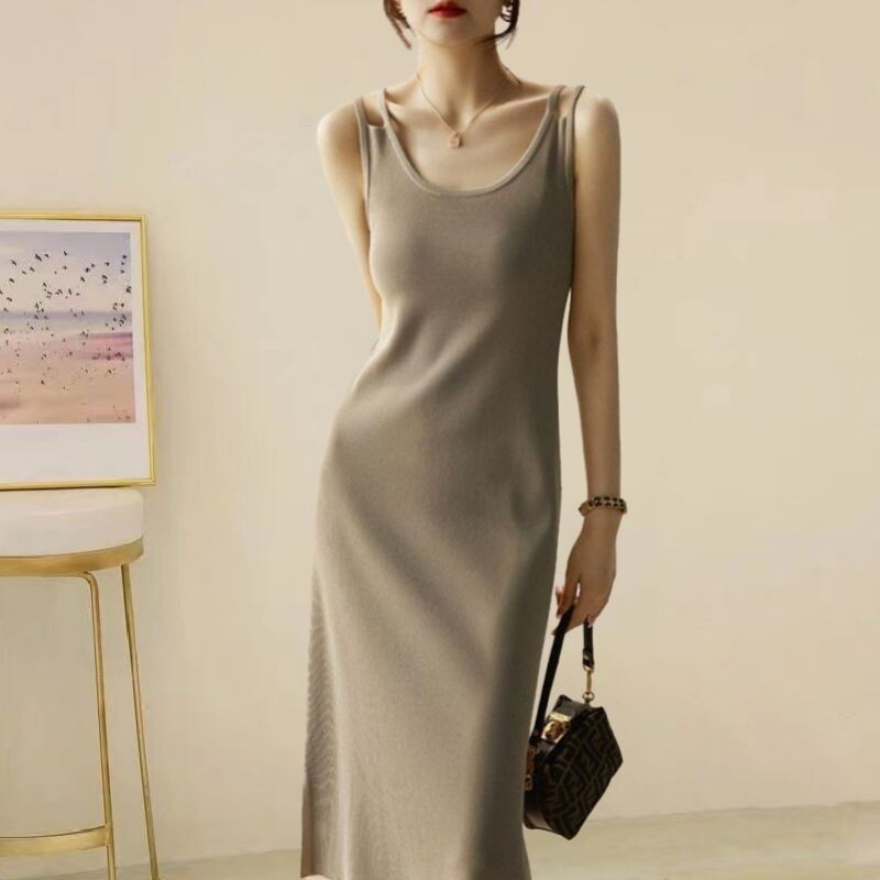 夏季螺纹冰丝连衣裙2026新款开叉无袖吊带裙韩版显瘦外穿内搭裙子