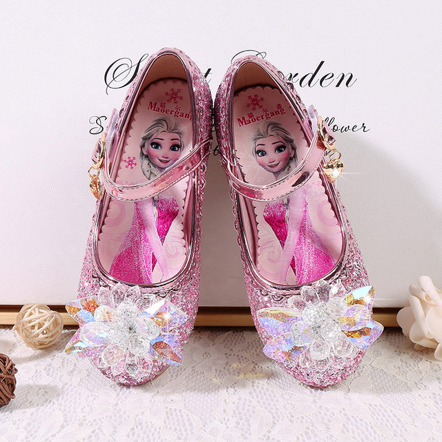 Girls high heels 2022 spring and autumn new little girl Aisha Frozen single shoes children princess crystal shoes