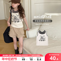 Girls fake two-piece camisole 2024 summer new style childrens American sleeveless t-shirt pure cotton top for outer wear trend