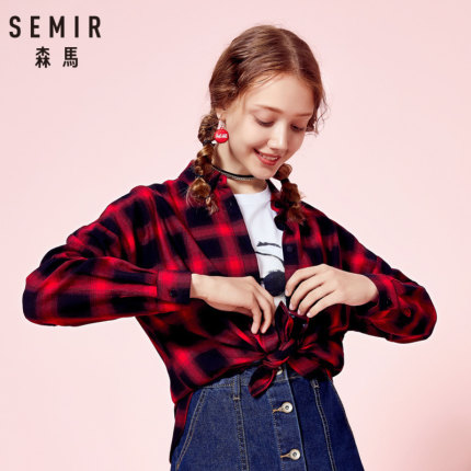 森马长袖衬衫女2018秋季新款女士复古红色格