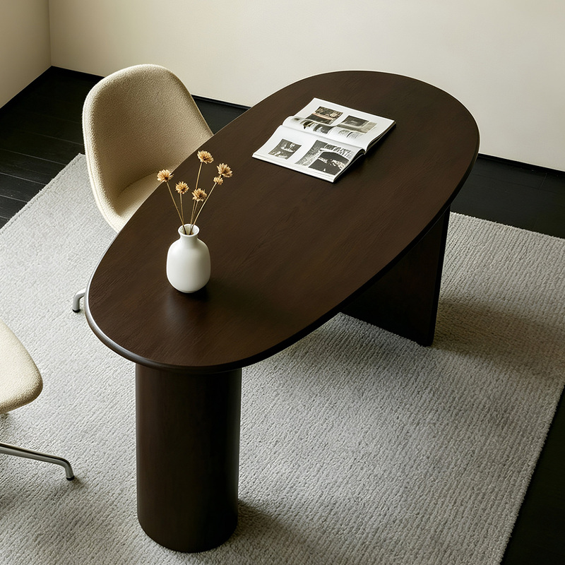 Italian-Style Minimalist Mango Wood Desk, Light Luxury Oval Solid Wood Office Computer Desk and Chair Set, Study Room Curved Writing Desk