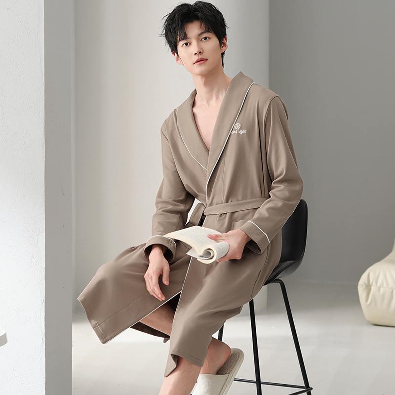 Spring and Autumn Men's Nightgown Pure Cotton Long-Sleeved Lace-Up Bathrobe Pajamas Loose Casual Large Size Autumn Mid-Length Dressing Gown Spring and Autumn Men's Nightgown Pure Cotton Long-Sleeved Lace-Up Bathrobe Pajamas Loose Casual Large Size Autumn Mid-Length Dressing Gown