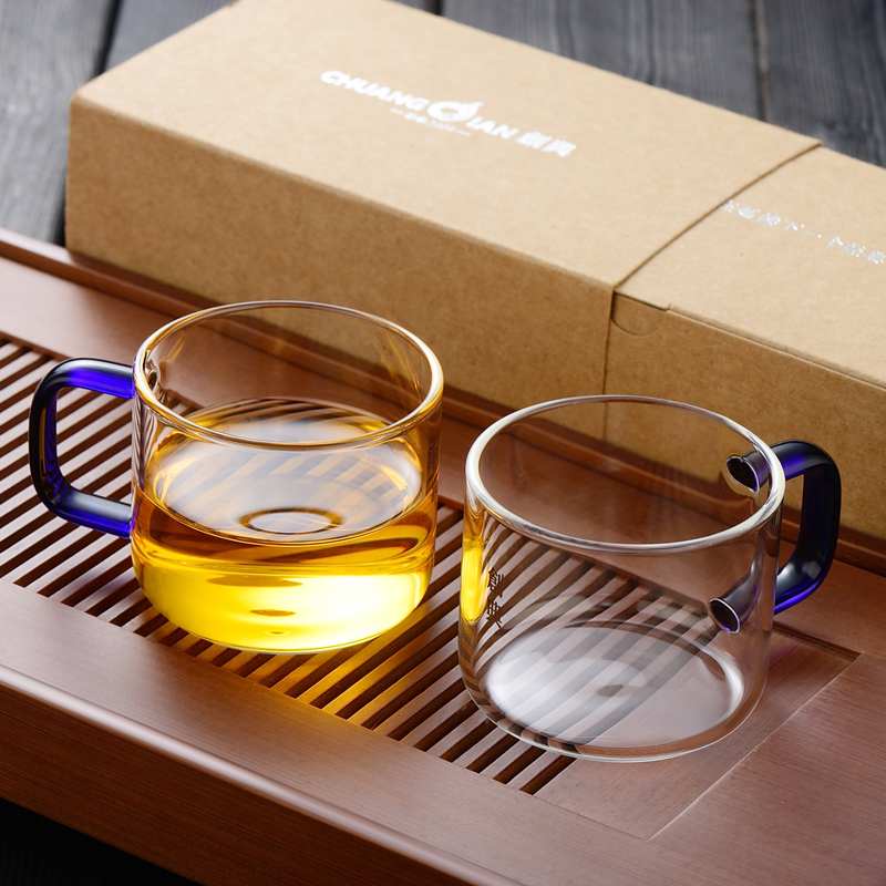 Chuangdian Heat-resistant thickened glass small teacup Kung Fu tea cup with handle Transparent glass water cup Blue handle 100ml