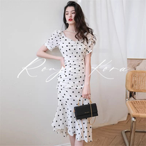 Rouje Kora retro high-end Platycodon tea break square neck long skirt womens summer polka-dot waist fishtail dress