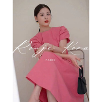 Rouje Kora French high-end design hollow short-sleeved dress womens summer waist-cinching puff sleeve mid-length skirt