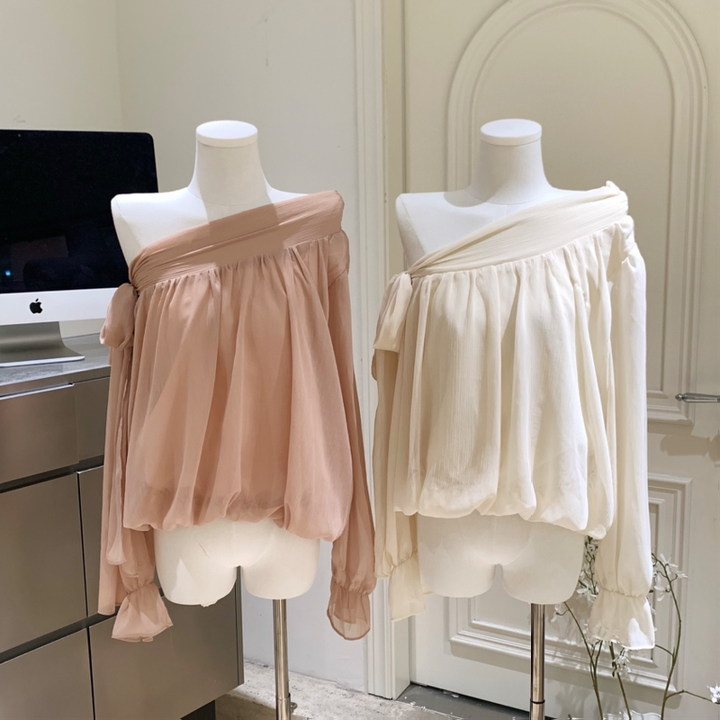 Korean-Style Off-Shoulder Tie-Up Shirt Top for Women 2026 Spring and Autumn New Slim-Fit Versatile Blouse Official