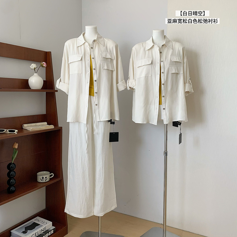 Fart Shop Clear Sky Lyocell/Linen Loose White Shirt for Women Spring/Summer Relaxed Top