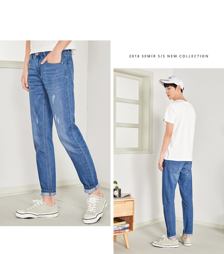 Quần jean nam Senma mùa thu lỗ mới Phiên bản Hàn Quốc của xu hướng tự tu luyện chân thường quần quần ống rộng nam quần sooc nam
