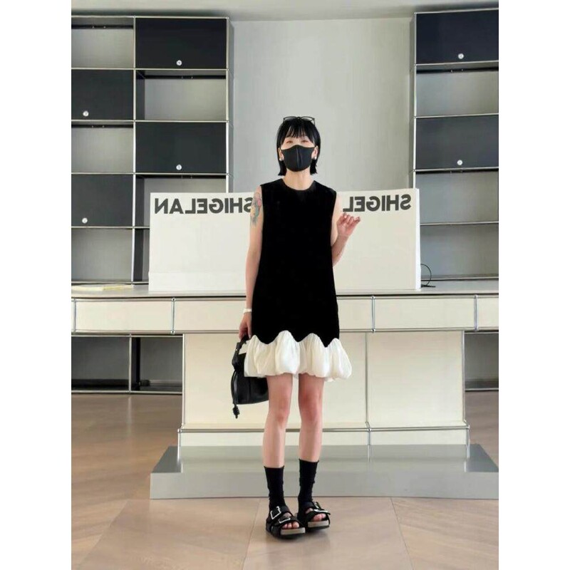 Shigelan 15770 Women's Summer 26 New Fashion Versatile Velvet Patchwork Vest Dress Light Mature Style Dress