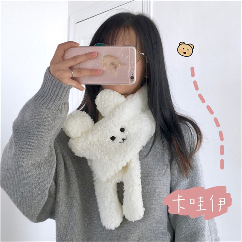 20 new autumn and winter lamb plush thickened warm three-dimensional bear scarf solid color wild student scarf Japanese