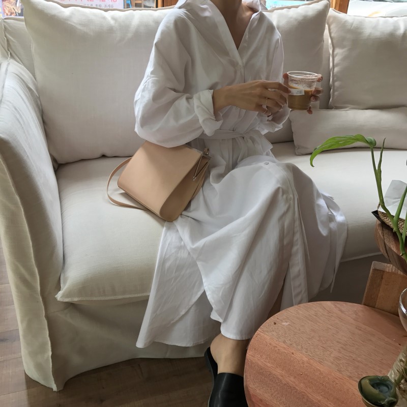 Hàn Quốc lười gió gió dài áo sơ mi phụ nữ thanh lịch ren eo lỏng áo sơ mi giản dị chiếc váy cardigan váy sườn xám dài