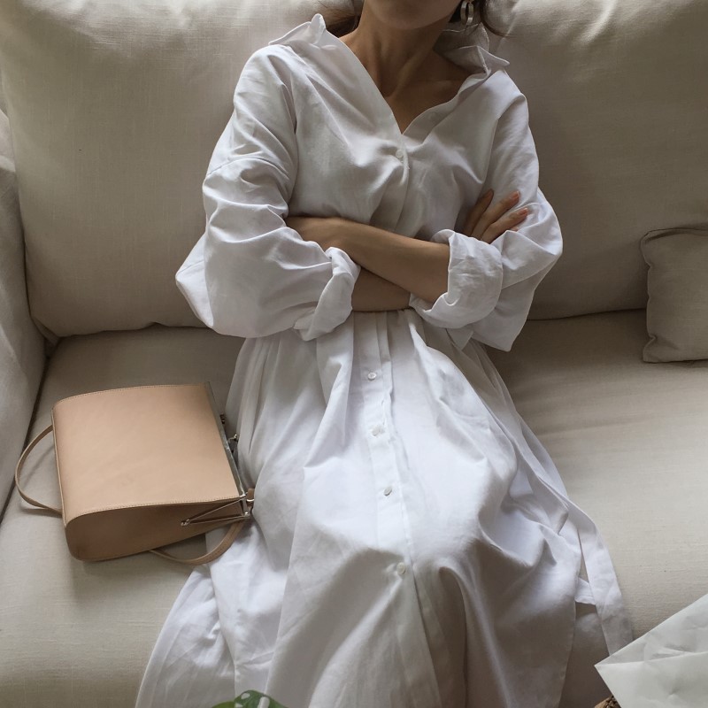 Hàn Quốc lười gió gió dài áo sơ mi phụ nữ thanh lịch ren eo lỏng áo sơ mi giản dị chiếc váy cardigan váy sườn xám dài