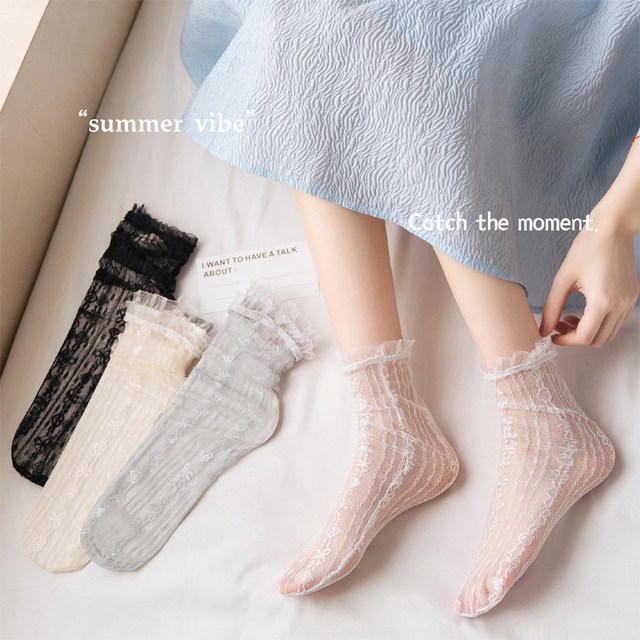 ຖົງຕີນລູກໄມ້ສີດໍາແລະສີຂາວສໍາລັບແມ່ຍິງພາກຮຽນ spring ແລະ summer ຕາຫນ່າງບາງໆໃນ summer sandals ທີ່ທັນສະໄຫມ socks fairy lace socks ສໍາລັບແມ່ຍິງ