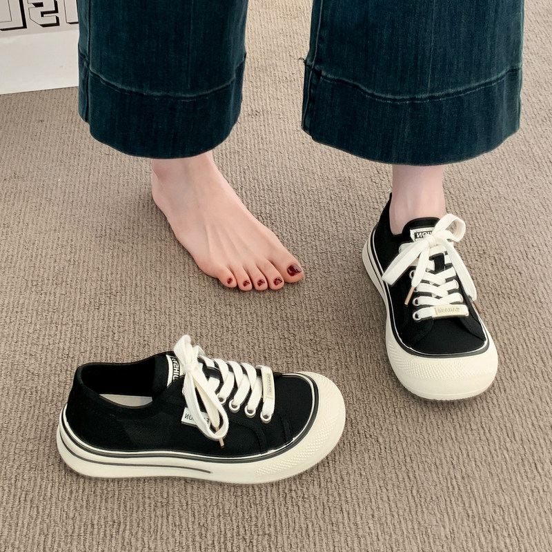British Genuine Leather Thick-Soled Black Canvas Shoes for Women, Summer 2026 New Thin Breathable Super Popular Casual Sports Sneakers