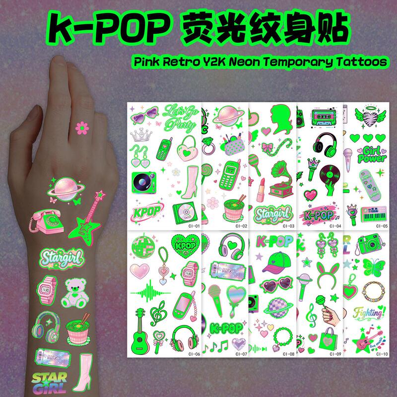 Kpop Fluorescent Tattoo Stickers Y2K Retro Pink Music Elements Waterproof Temporary Stickers for Girls Party Halloween Kpop Fluorescent Tattoo Stickers Y2K Retro Pink Music Elements Waterproof Temporary Stickers for Girls Party Halloween