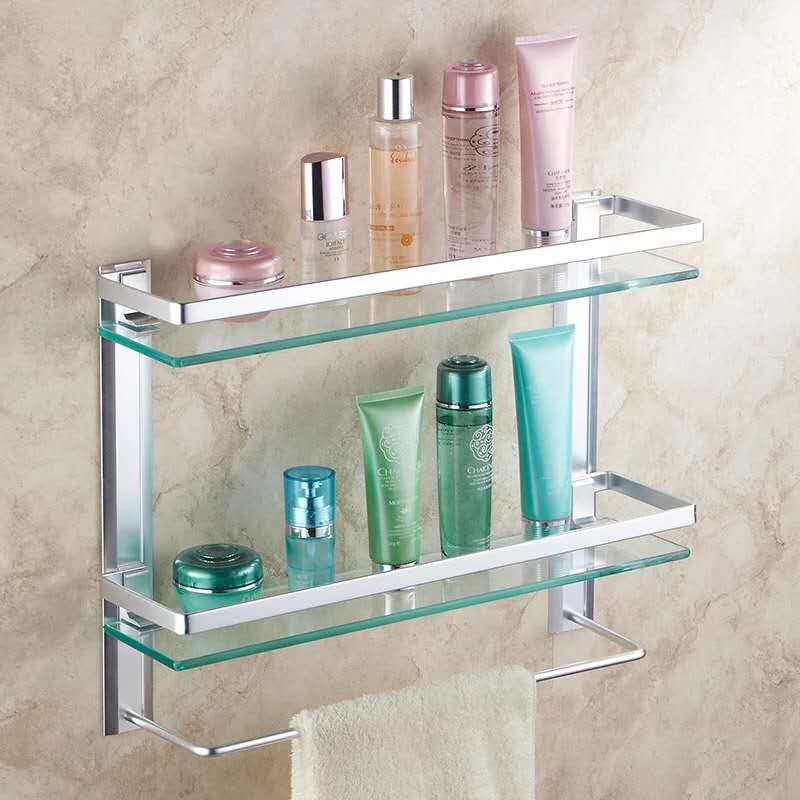Single Layer Double Layer Tempered Glass Cosmetic Rack Bathroom Shelf Bathroom Platform With Towel Rod Containing Basket