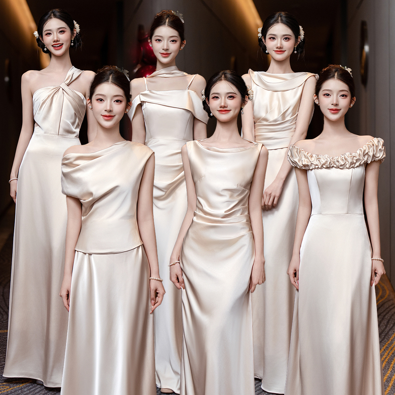 2026 New Niche High-End Champagne-Colored Satin Bridesmaid Dress, Stunning Sister Bridesmaid Group Dress, Suitable for Everyday Wear