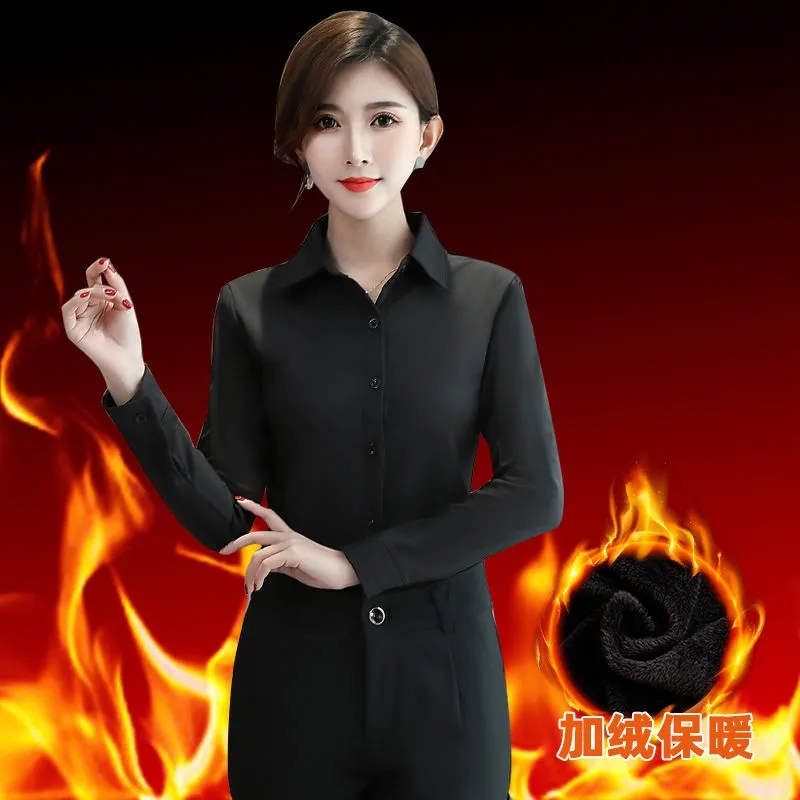Black Velvet Shirt for Women, Long-Sleeved, Autumn and Winter 2026, Korean Style, Slim Fit, Warm, Professional Elegant Shirt, Formal Workwear