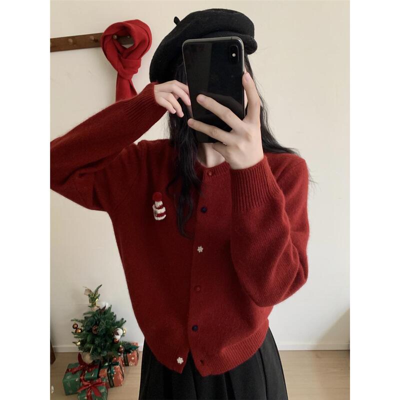 2783 Alxa Camel Wool Korean Style Round Neck Red Christmas Hat Knitted Cardigan Sweater for Women 2025 Autumn and Winter New Style