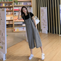 Pregnant womens bib pants Summer thin outer wear three-point pants Cotton and hemp casual suspenders Summer pregnant womens wide-leg pants suit