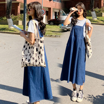 Pregnant women with skirt set summer dress long Korean version of loose denim skirt summer fashion short sleeve pregnant women dress