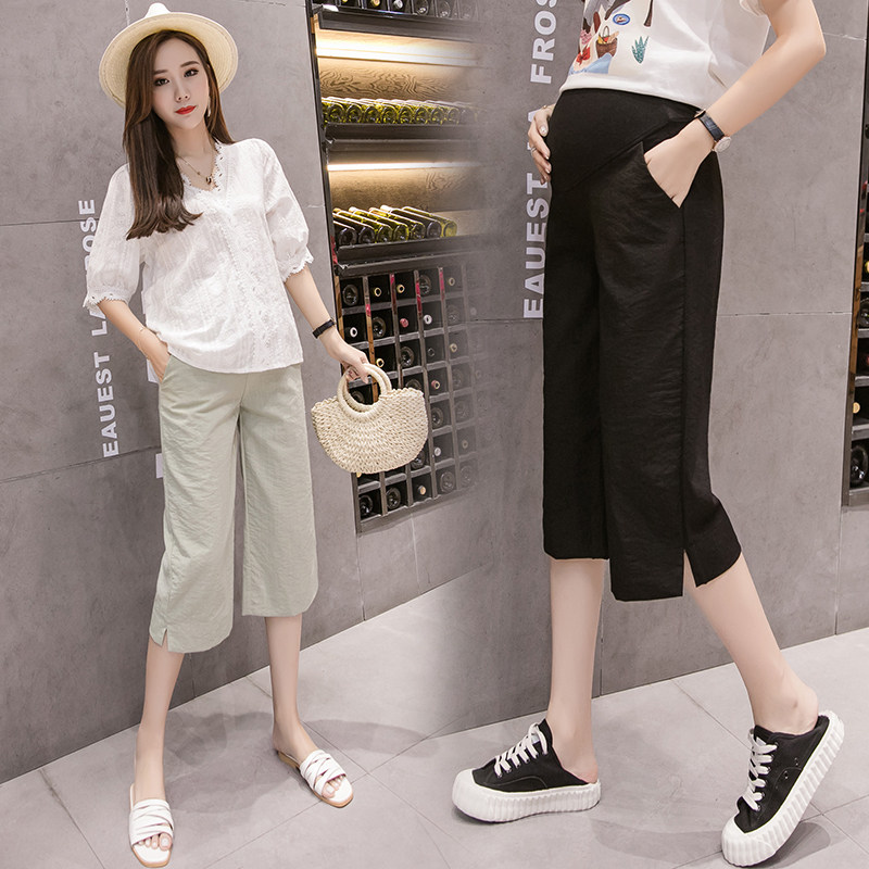 Maternity pants summer thin style outside wear loose cropped wide leg pants summer ice silk linen casual maternity leggings