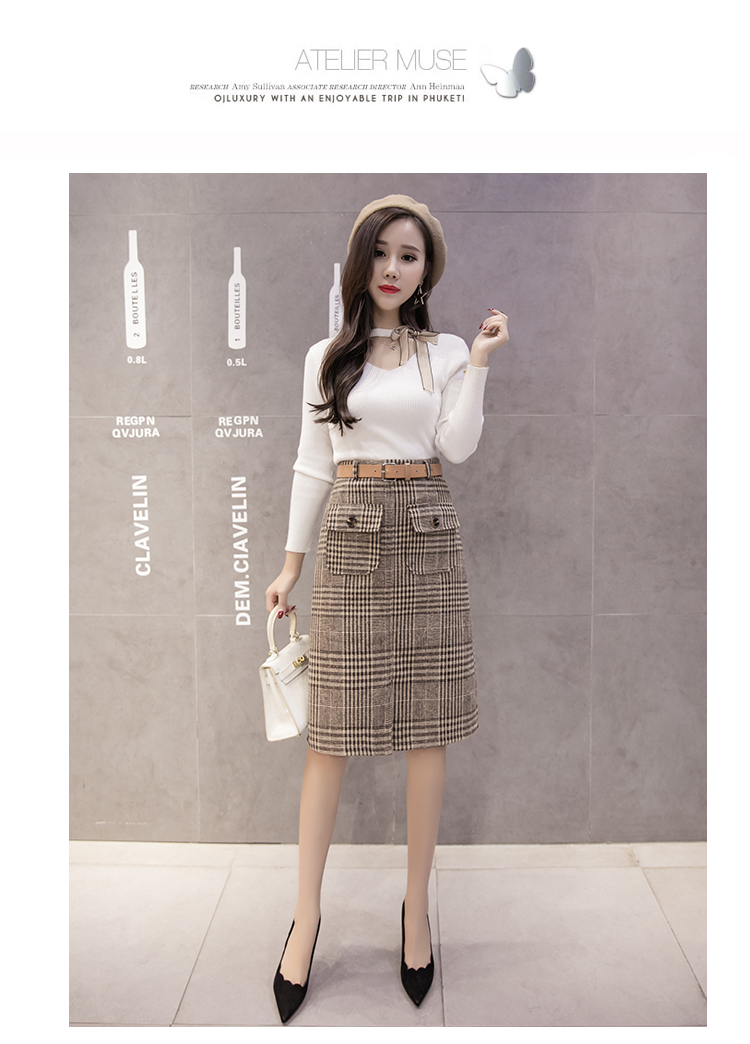 Kẻ sọc váy mùa thu và mùa đông mới len houndstooth túi cao eo ren chia phần dài giảm béo túi hip váy chân váy bò