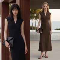 COMMON VALUE "Muxi" summer new style minimalist A-line V-neck bag shoulder cap sleeve waist slim dress