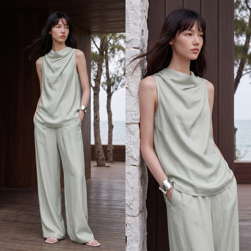 Common Value'Sushun' Summer Airy Flutter-Neck Sleeveless Vest Design Top Women's Wide-Leg Pants