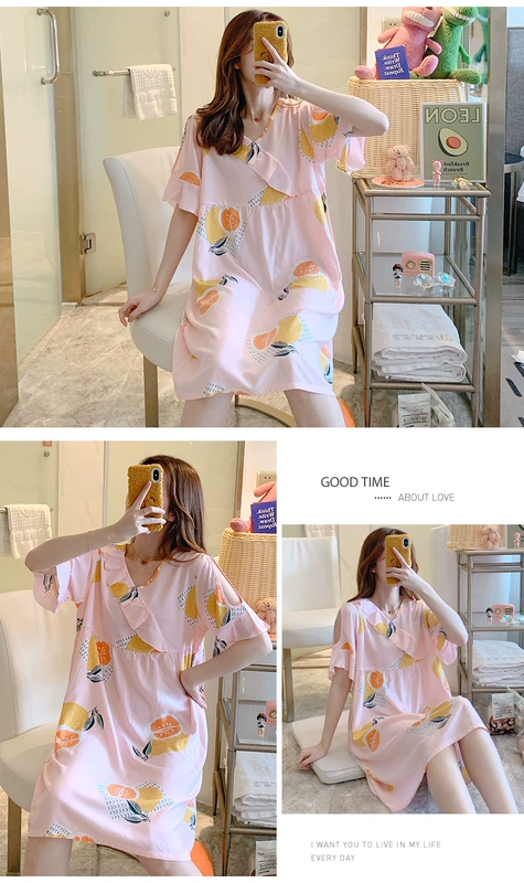 Váy ngủ cotton lụa phong cách mỏng mùa hè của phụ nữ có thể mặc bên ngoài bộ đồ ngủ rayon ngắn tay, phong cách mở rộng của Hàn Quốc dịch vụ tại nhà ngọt ngào - Đêm đầm