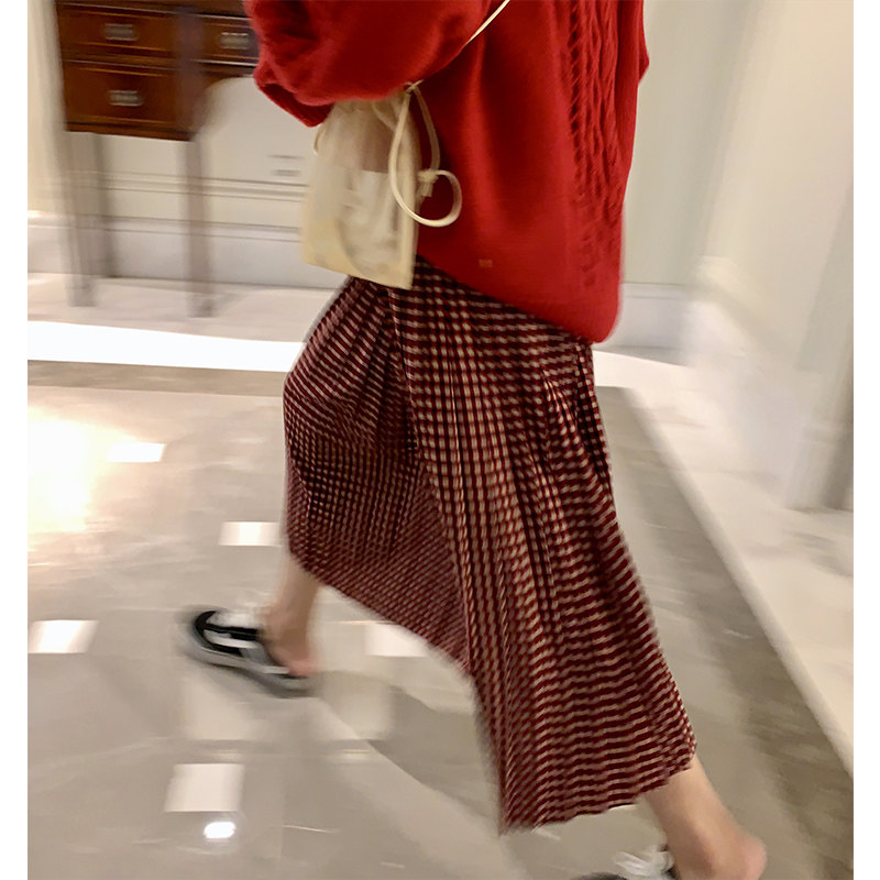 Luoluoyujie high waist slim pleated skirt Hyunya mid-length version spring red plaid skirt women's spring and autumn skirt