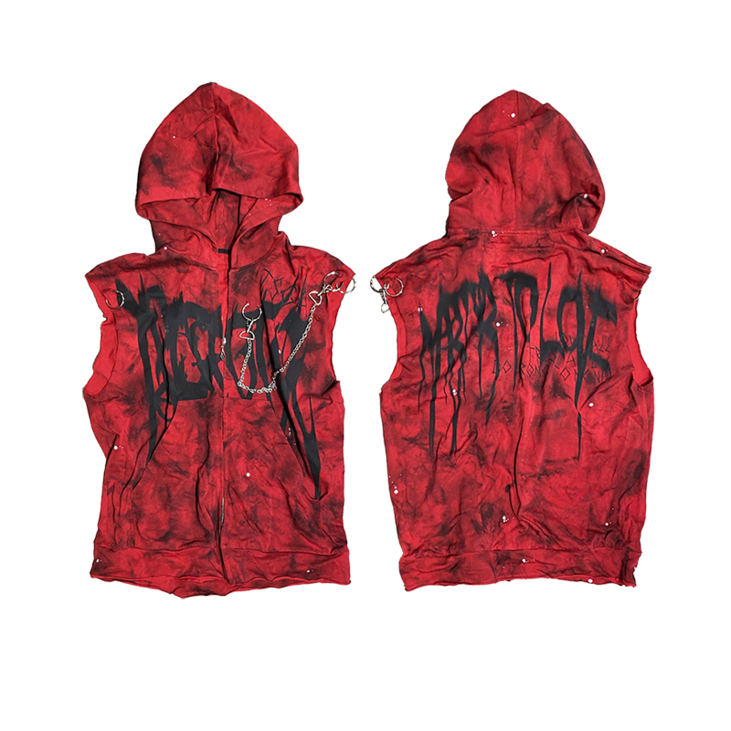 Trisegga 24Ss Red Vest Hoodie (Graffiti Splatter Distressed Metal Sleeveless Jacket)