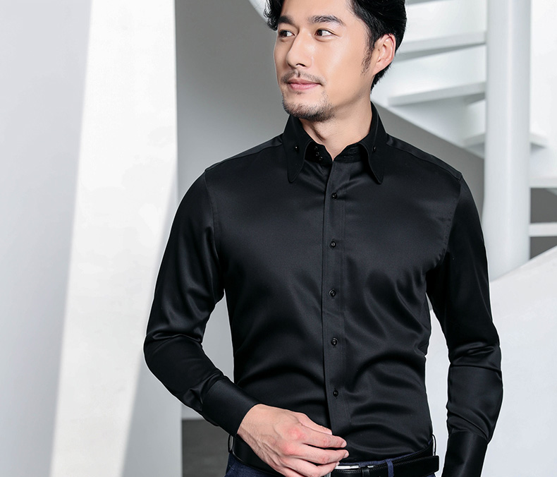 Áo sơ mi cổ cao nam dài tay áo sơ mi nam màu xanh navy cotton cotton mềm mại phiên bản Hàn Quốc của xu hướng đẹp trai giản dị - Áo mẫu áo sơ mi công sở