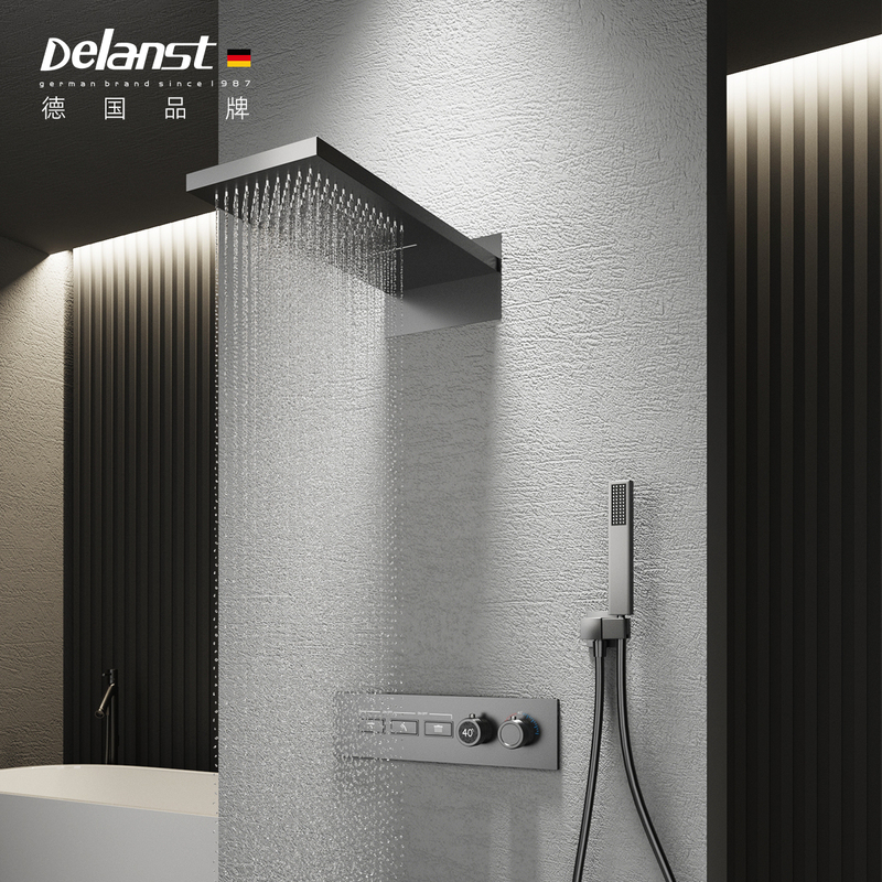 German Delanstin Minimalist Concealed Shower Set Waterfall Digital Display Hidden Wall-Mounted Black Thermostatic
