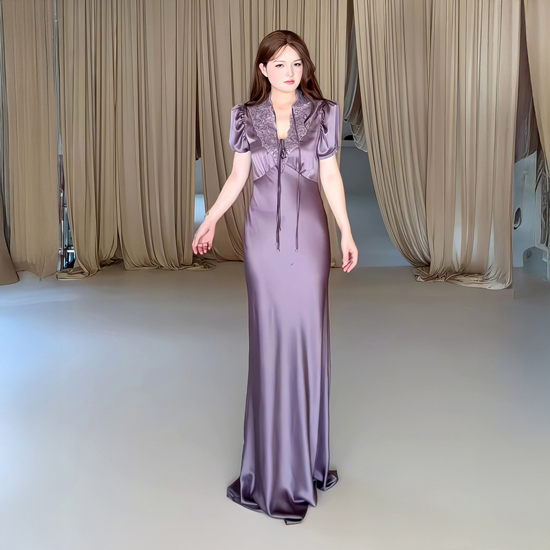 French-Style High-End Purple Lace Puff Sleeve Dress for Women, Summer, Elegant and Flattering Fishtail Satin Dress French-Style High-End Purple Lace Puff Sleeve Dress for Women, Summer, Elegant and Flattering Fishtail Satin Dress