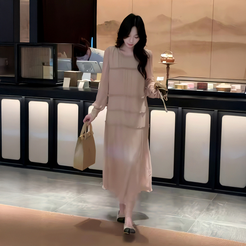 【Broken Edge Cake】Gentle Nude Apricot Pink Dress with Ruffled Edge Design and Elegant Sleeveless Long Dress 【Broken Edge Cake】Gentle Nude Apricot Pink Dress with Ruffled Edge Design and Elegant Sleeveless Long Dress
