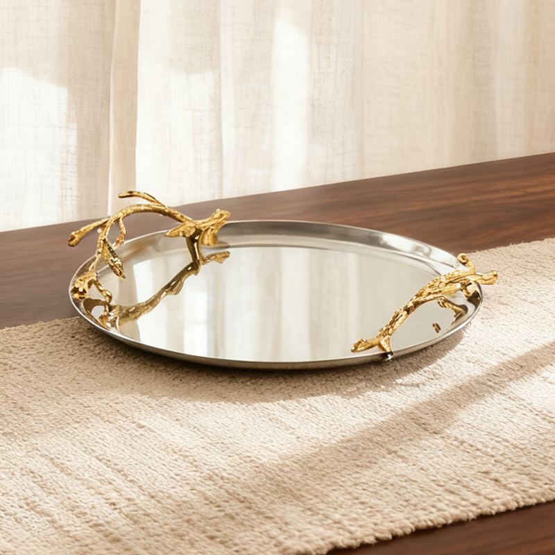 European-Style Fashionable Stainless Steel Round Tray with Golden Branch-Shaped Decorative Handle, High-End Feel, Suitable for Home Use as a Tea Snack Tray or Fruit Plate