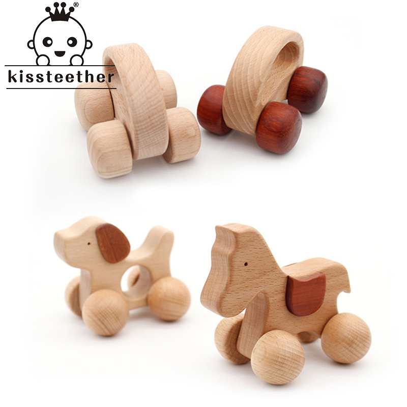 DIY infants and toddlers learn to crawl and grasp beech wood molar toys wooden car children's toys