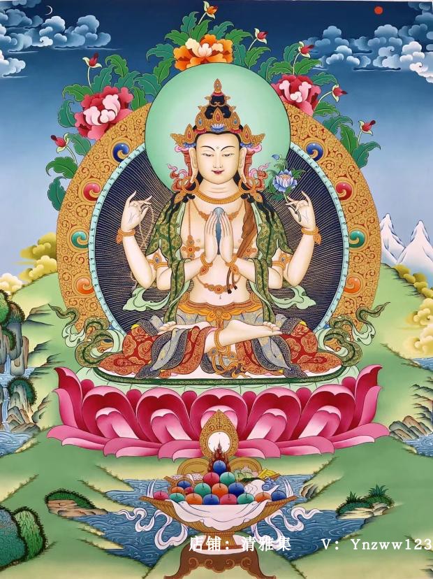 Collection Grade Award Works Four Arms Guanyin Nepal Pure Hand Painted Pure Handmade Tangka Hung Painting Zasissorang