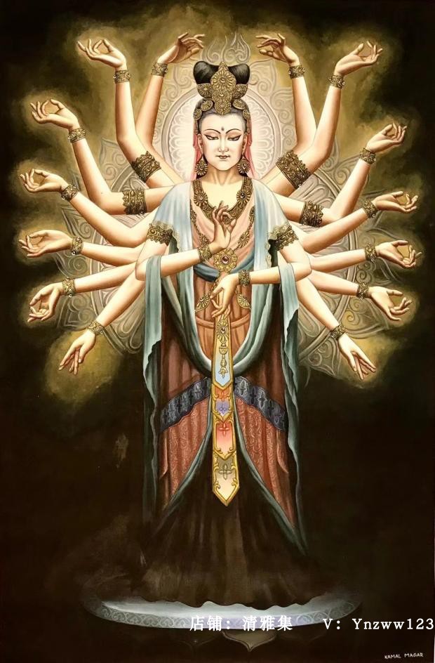 Newali thousand-handed Guanyin four-armed Guanyin Bodhisattva Nepal pure hand-painted pure handmade Nival Thangka hanging painting