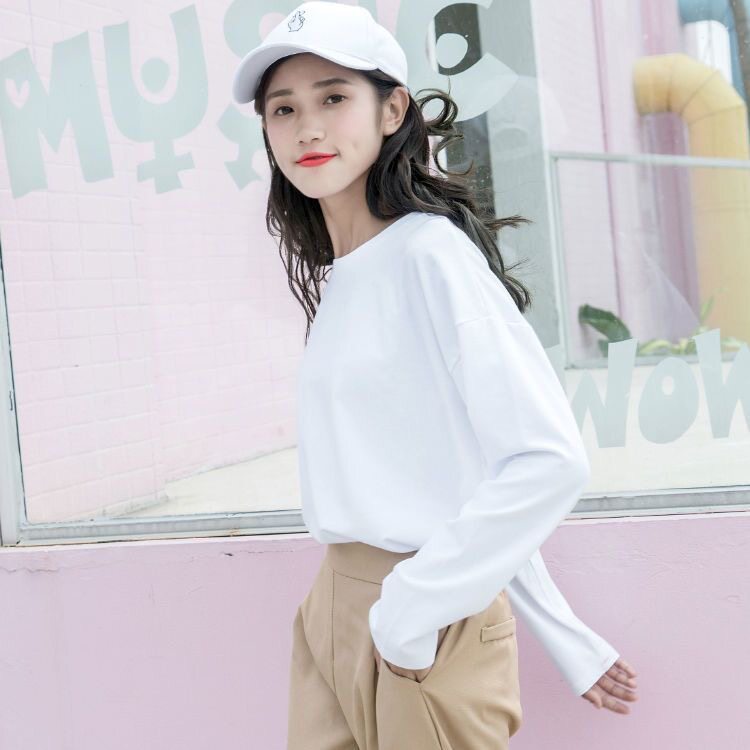 White Long Sleeve Pure Cotton T-Shirt Woman Autumn Dress Loose Foreign Air Inside Lap Fold Wearing Undershirt Round Collar Sweatshirt Compassionate Blouse-Taobao