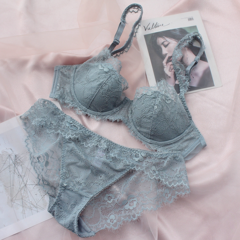 French underwear women thin breast small summer sexy lace thin cotton breathable gathered large size bra set Europe and the United States