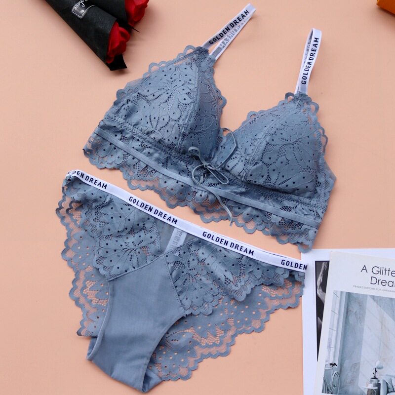 French light luxury underwear female sexy lace bra thin big chest small antibacterial non-steel ring underwear set summer